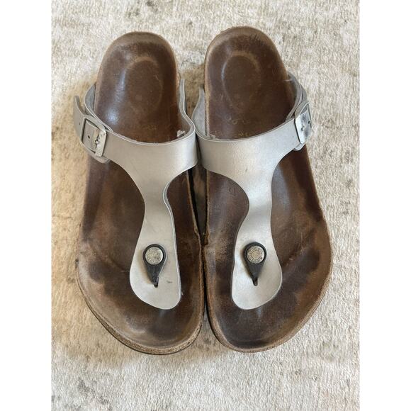 Birkenstock Size 39 Gizeh Birko Flor Sandals Silver‎ Leather Buckle Preloved - Picture 1 of 8